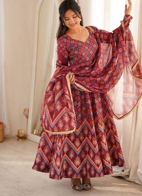 Wine printed muslin suit with pant & dupatta 1
