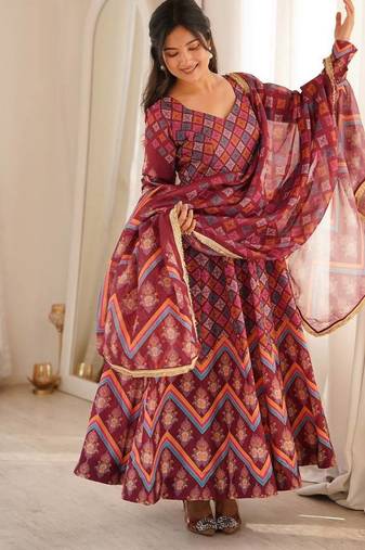 Wine printed muslin suit with pant & dupatta