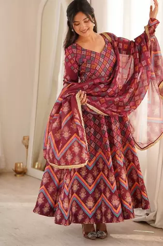 Wine printed muslin suit with pant & dupatta