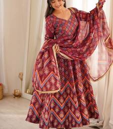 Wine printed muslin suit with pant & dupatta