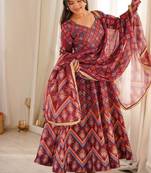 Wine printed muslin suit with pant & dupatta