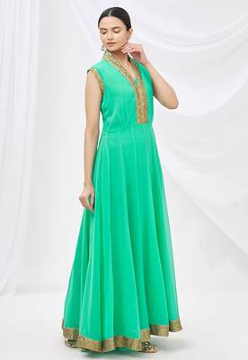 Green georgette anarkali dress with golden churidar 2