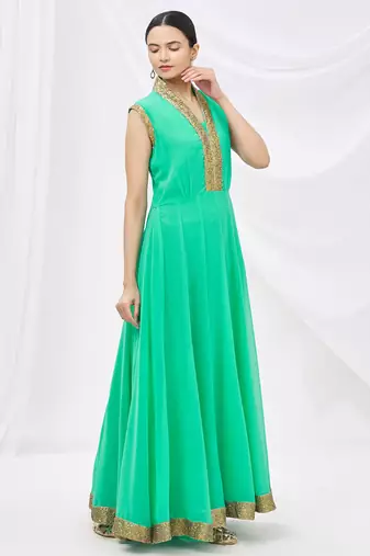 Green georgette anarkali dress with golden churidar