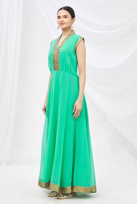 Green georgette anarkali dress with golden churidar 3
