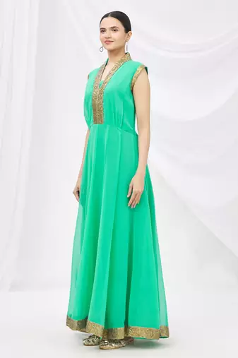 Green georgette anarkali dress with golden churidar