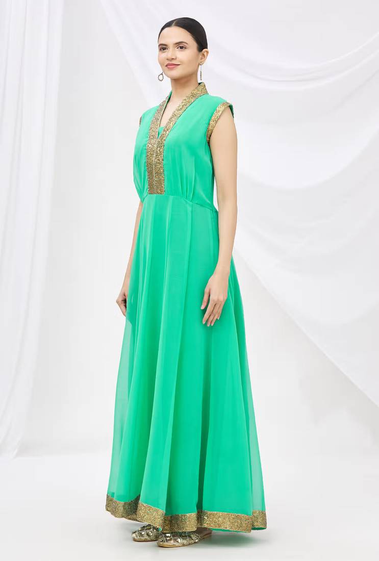 Green georgette anarkali dress with golden churidar