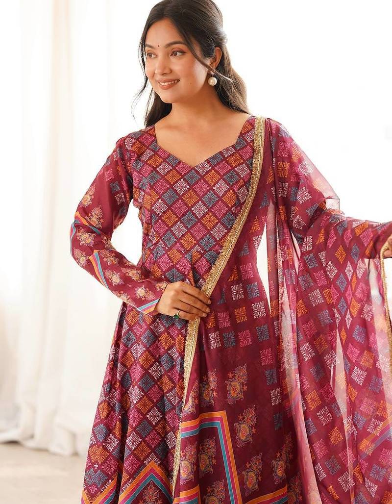 Wine printed muslin suit with pant & dupatta