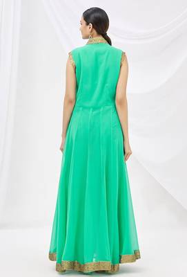 Green georgette anarkali dress with golden churidar 4