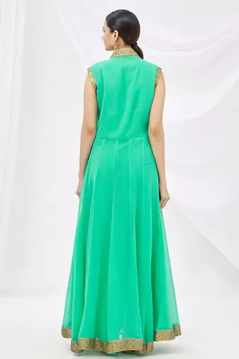 Green georgette anarkali dress with golden churidar