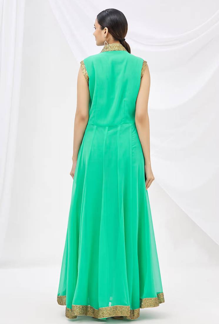Green georgette anarkali dress with golden churidar