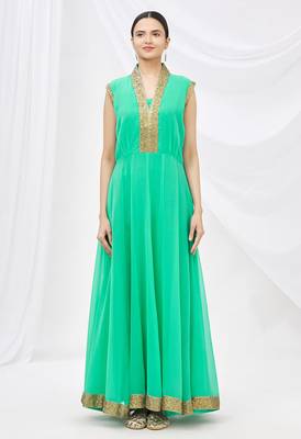 Green georgette anarkali dress with golden churidar 5