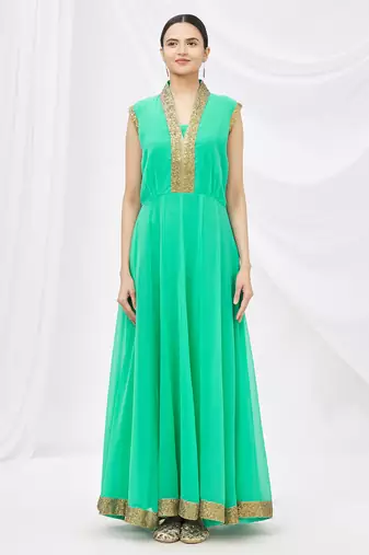 Green georgette anarkali dress with golden churidar