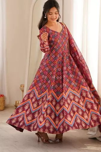 Wine printed muslin suit with pant & dupatta