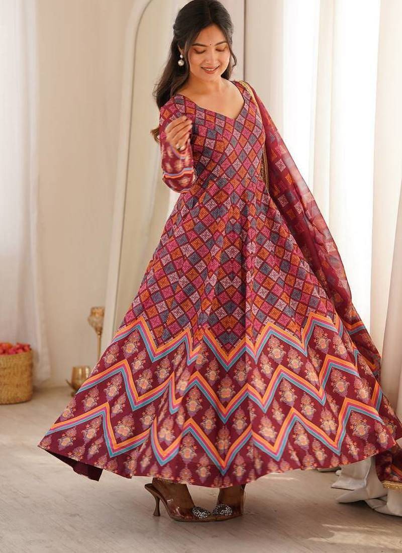 Wine printed muslin suit with pant & dupatta