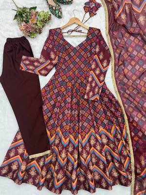 Wine printed muslin suit with pant & dupatta 5