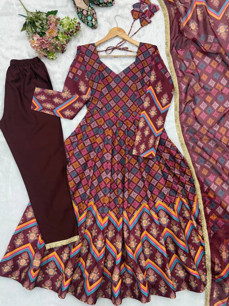 Wine printed muslin suit with pant & dupatta