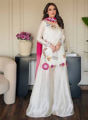 White embroidery & moti work roman glass kurti palazzo set 1