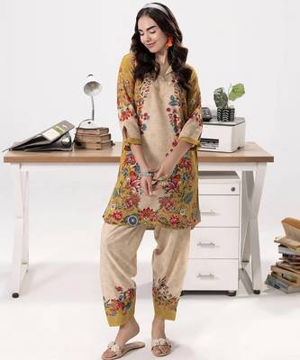 Yellow floral print linen  fancy co-ord set for women 2