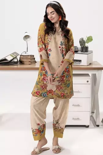 Yellow floral print linen  fancy co-ord set for women