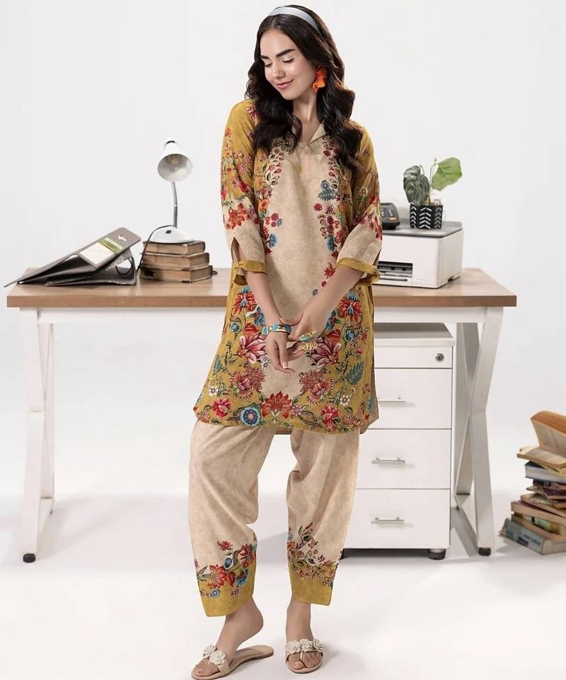 Yellow floral print linen  fancy co-ord set for women