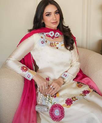 White embroidery & moti work roman glass kurti palazzo set 3