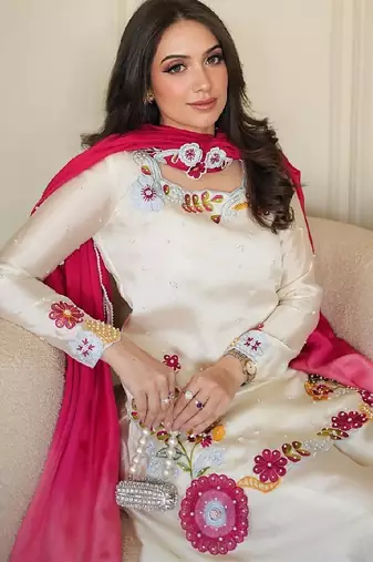 White embroidery & moti work roman glass kurti palazzo set