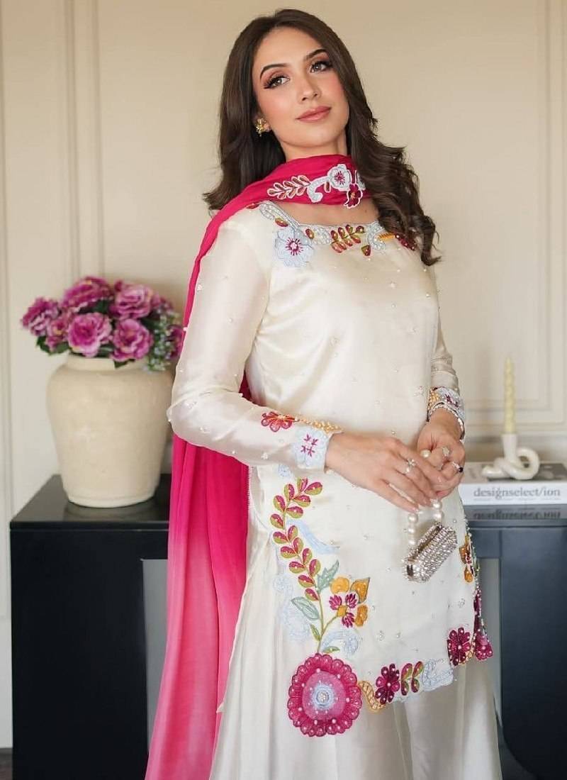 White embroidery & moti work roman glass kurti palazzo set