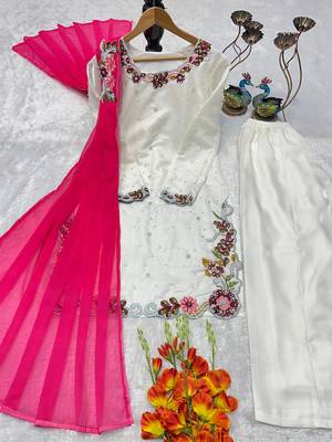 White embroidery & moti work roman glass kurti palazzo set 5