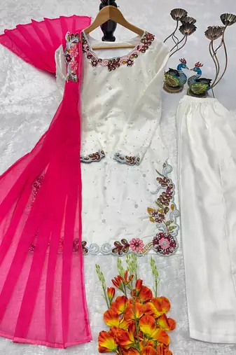 White embroidery & moti work roman glass kurti palazzo set