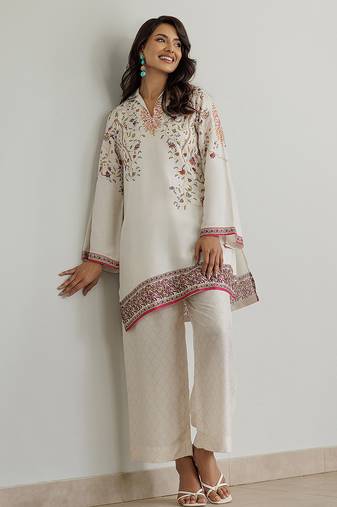 White floral print crepe  fancy co-ord set for women