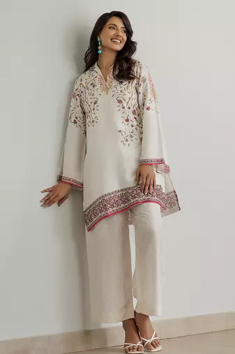 White floral print crepe  fancy co-ord set for women