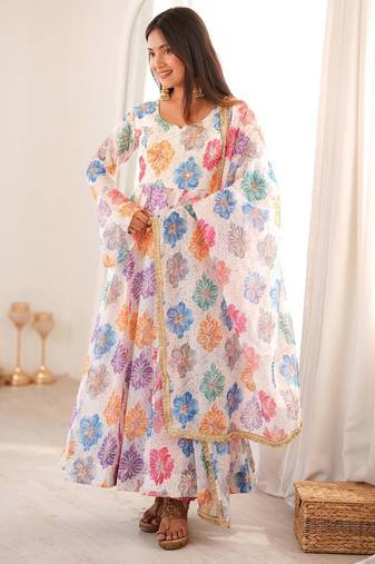 Floral printed & embroidered organza anarkali set