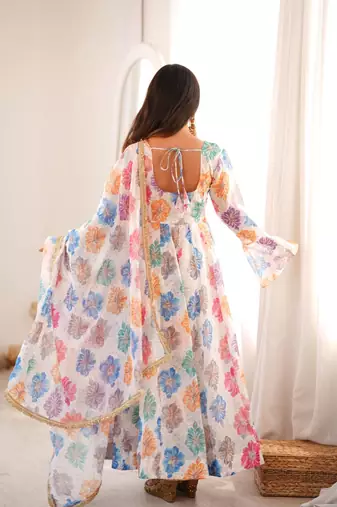 Floral printed & embroidered organza anarkali set