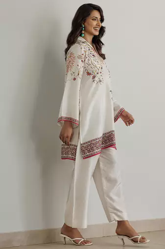 White floral print crepe  fancy co-ord set for women