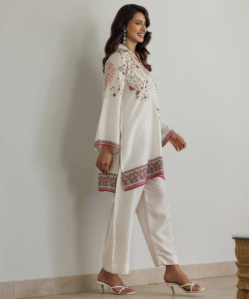 White floral print crepe  fancy co-ord set for women