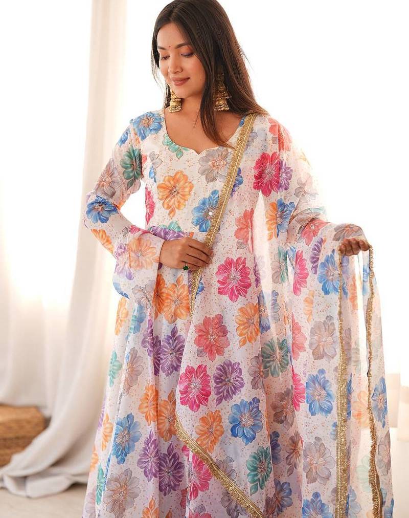 Floral printed & embroidered organza anarkali set