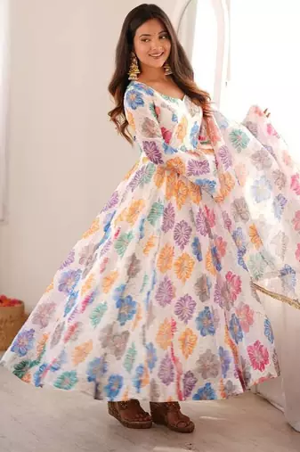 Floral printed & embroidered organza anarkali set