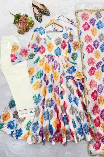 Floral printed & embroidered organza anarkali set