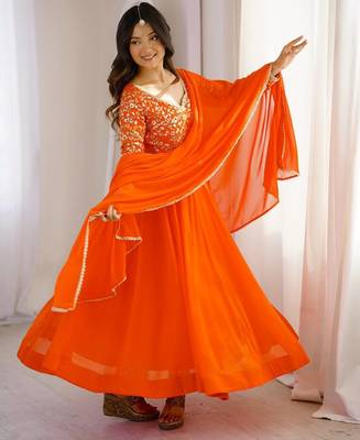 Orange sequins embroidered georgette gown with pant & dupatta 1