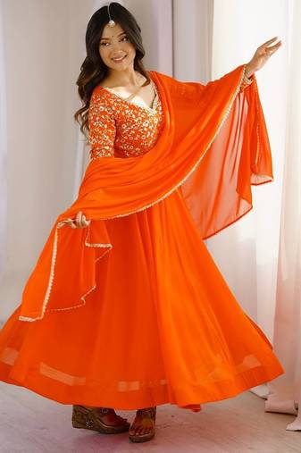 Orange sequins embroidered georgette gown with pant & dupatta