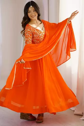 Orange sequins embroidered georgette gown with pant & dupatta