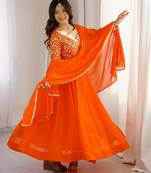 Orange sequins embroidered georgette gown with pant & dupatta