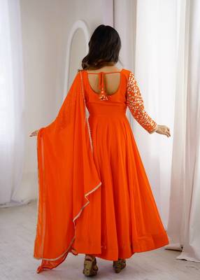 Orange sequins embroidered georgette gown with pant & dupatta 2