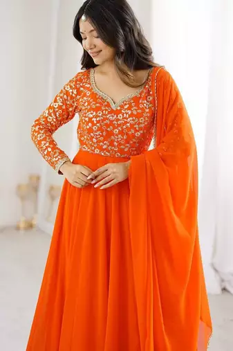 Orange sequins embroidered georgette gown with pant & dupatta