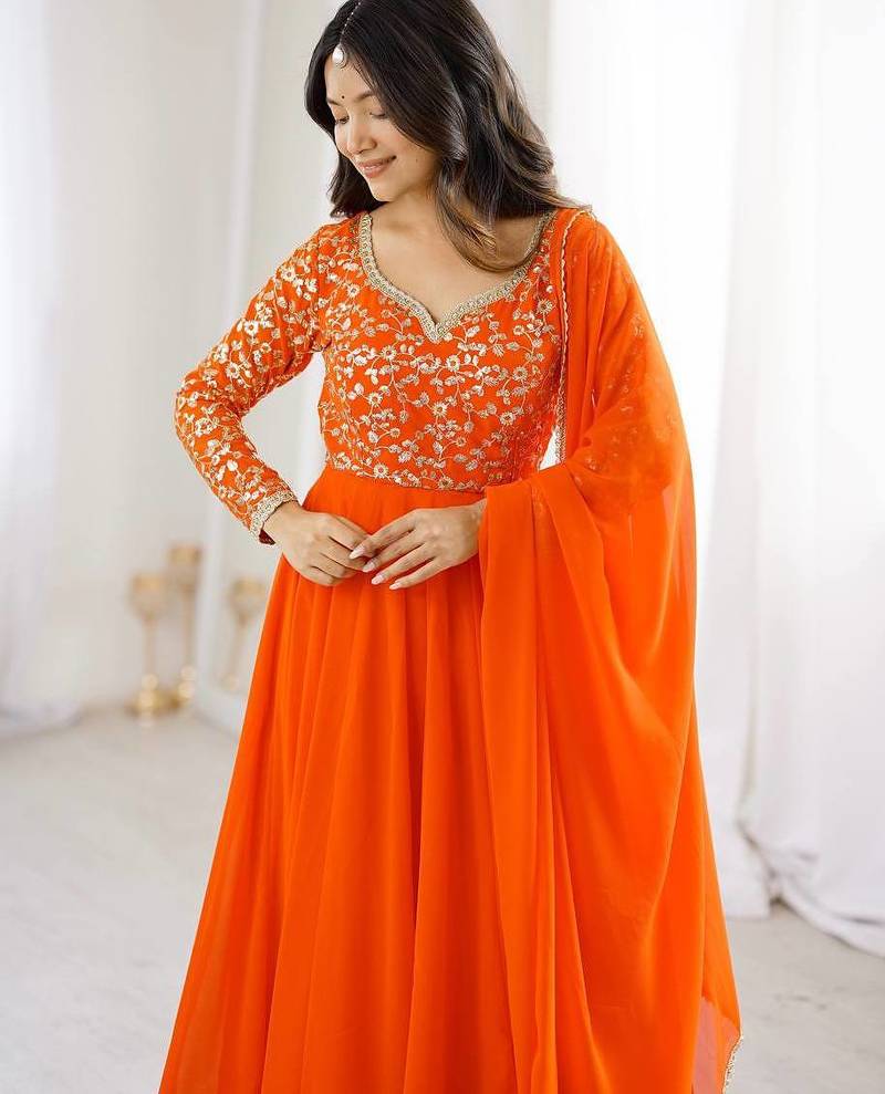 Orange sequins embroidered georgette gown with pant & dupatta