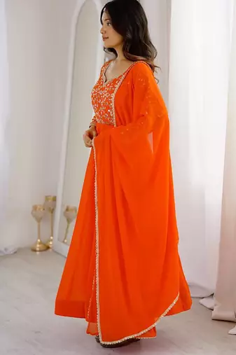 Orange sequins embroidered georgette gown with pant & dupatta