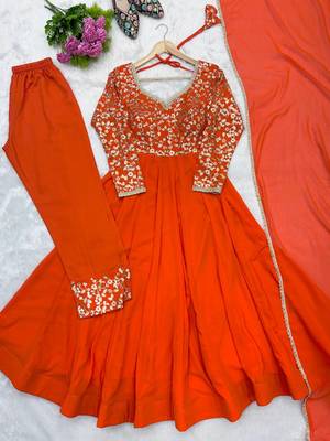 Orange sequins embroidered georgette gown with pant & dupatta 5