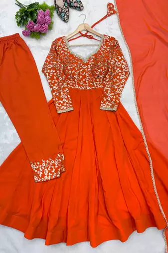 Orange sequins embroidered georgette gown with pant & dupatta