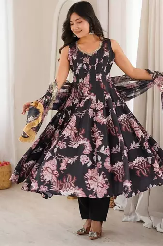 Black floral print muslin gown with pant & organza dupatta