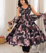 Black floral print muslin gown with pant & organza dupatta